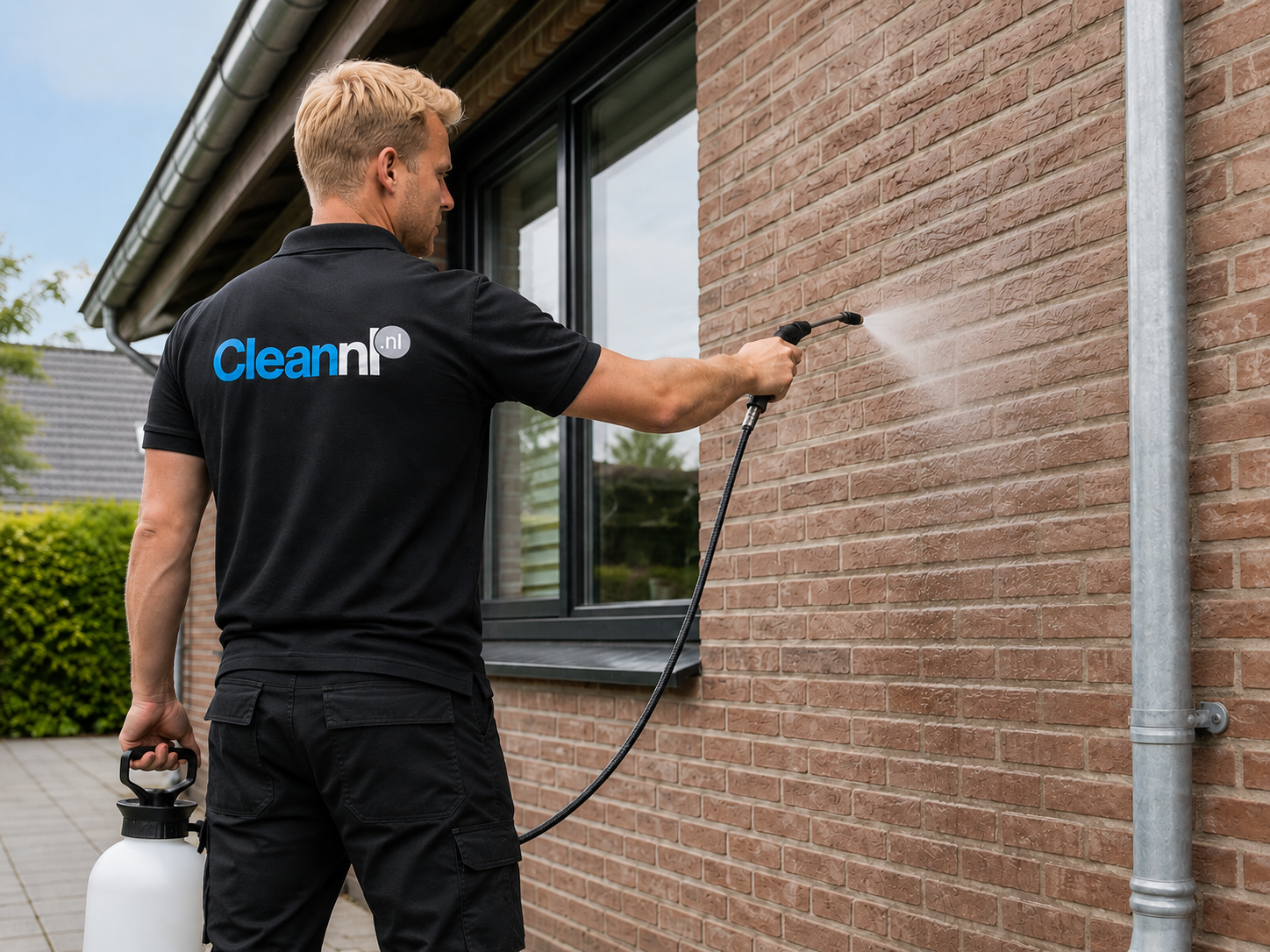 Gevel impregneren door CleanNL — medewerker spuit impregneermiddel op een bakstenen gevel