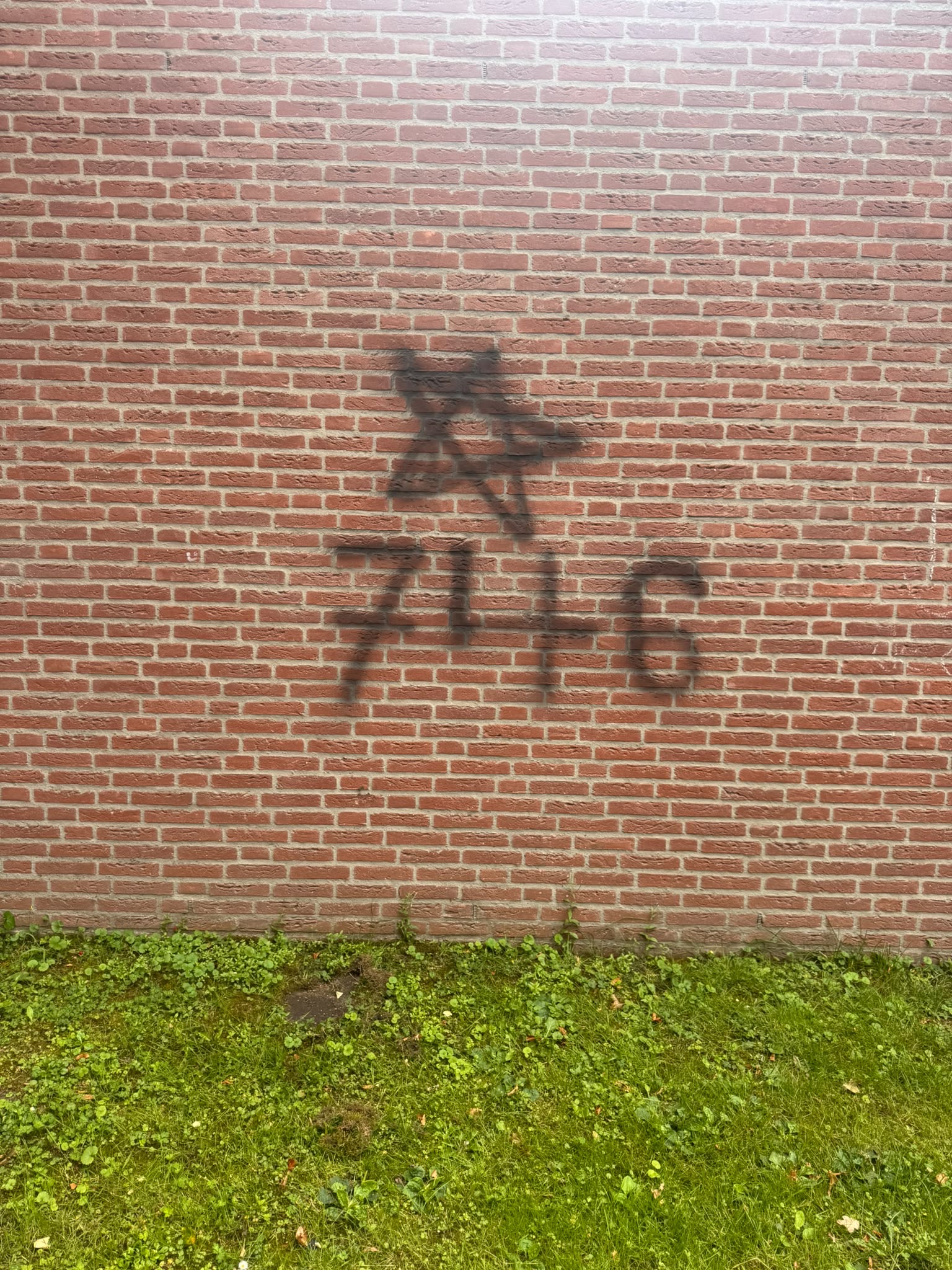 Graffiti op bakstenen muur van sportgebouw in Almelo, vóór verwijdering door CleanNL