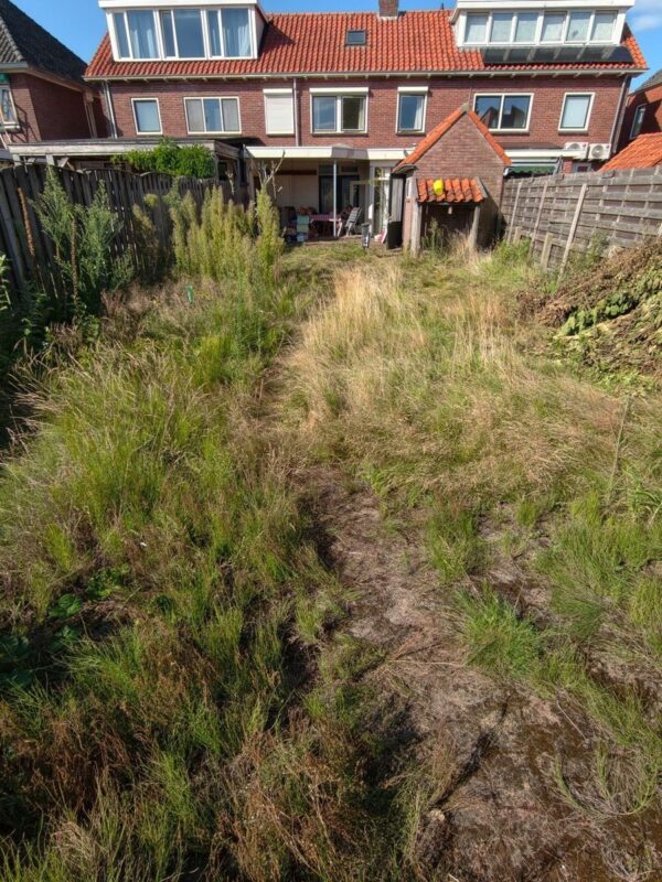 Achtertuin in Almelo vóór het tuinonderhoud door CleanNL — overwoekerd door hoog gras en onkruid